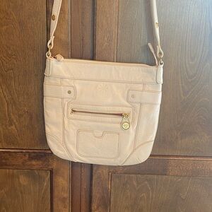 Isaac Mizrahi Cream Crossbody Bag with Front Zip Pocket